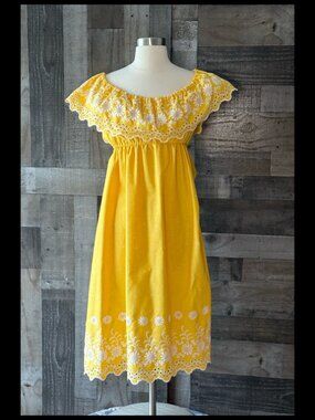 Handmade yellow off the shoulder fiesta dress small embroidered sunflowers party